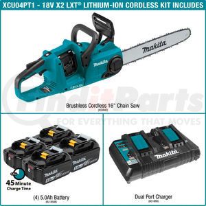 XCU04PT1 by MAKITA - Makita XCU04PT1 36V (18V LXT&#174 X2) 16" Cordless Chain Saw Kit W/ 4 5.0Ah Batteries