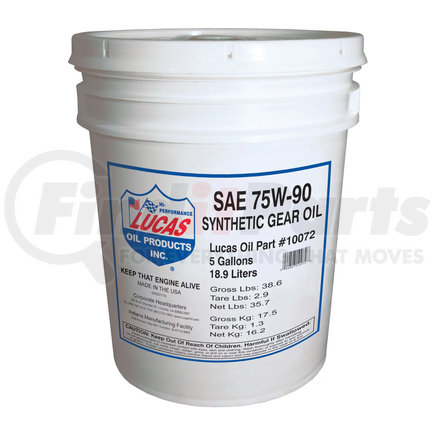 10072 by LUCAS OIL - Synthetic SAE 75W-90 Gear Oil - 5 Gallon Pail (Representative Image)