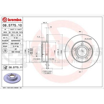 08 5775 11 by BREMBO - Disc Brake Rotor for VOLKSWAGEN WATER