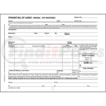 12462 by JJ KELLER - Straight Bill of Lading - Short Form - Continuous, 3-ply, carbonless, 9.5” x 7” (0.5” tear-off each side)