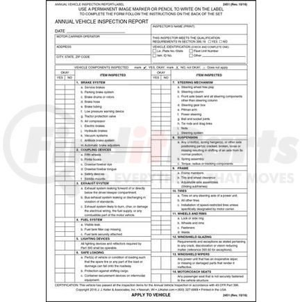 2451 by JJ KELLER - Annual Vehicle Inspection Report Label - 3-ply, carbon, 5-3/4" x 8-1/4"