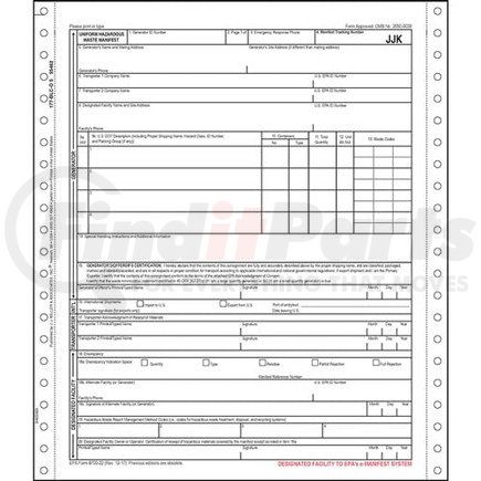 55462 by JJ KELLER - Uniform Hazardous Waste Manifest - Pin-Feed Continuous Format - Continuous format, 5-ply, 9-1/2" x 11"