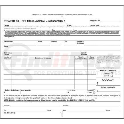 862 by JJ KELLER - Straight Bill of Lading - Short Form - Snap-out, 3-ply, carbonless, 8.5" x 7.75" (0.75" top tear-off)