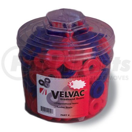 Velvac 035162 Gladhand Seal Counter Top Bucket Display, Round clear canister, 7" diameter x 7.5 height, and cover. Includes 200 Blue Poly Gladhand Seals.