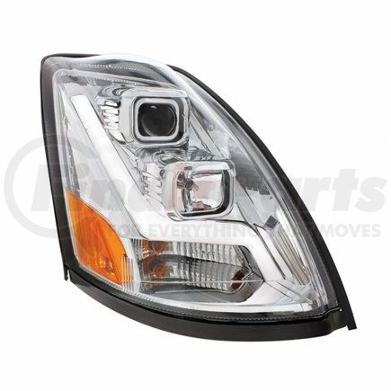 United Pacific 31446 Headlight - Chrome Projection, w/ LED Position Light Bar For 2003-2017 Volvo VN/VNL - Passenger Side