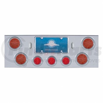 United Pacific 34513 Chrome Rear Center Panel +4X LED 4" Reflector Lights & 3X LED 2.5" Beehive Lights & Visors- Red LED & Lens