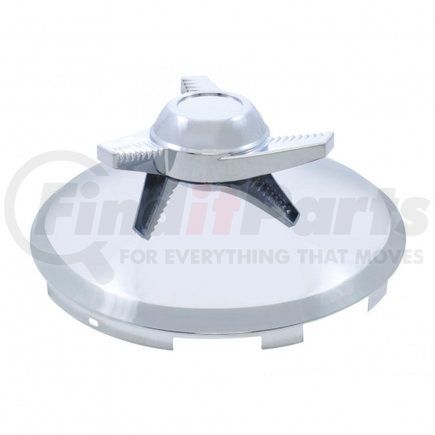 United Pacific 21120 6 Uneven Notched Stainless Front Hub Cap w/ 3 Bar Left Swing Spinner - 7/16" Lip