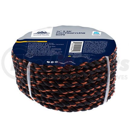 United Pacific 92041 3/8" x 50' 3- Strand Twisted Black & Orange Polypropylene Rope