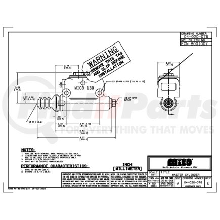 MICO 04-020-076 MASTER CYLINDER (Please allow 7 days for handling. If you wish to expedite, please call us.)