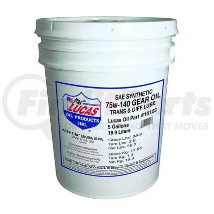 Lucas Oil 10123 Synthetic SAE 75W-140 Gear Oil - 5 Gallon Pail (Representative Image)