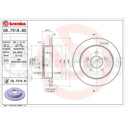 Brembo 08 7518 81 Disc Brake Rotor for FORD