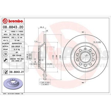 Brembo 08 8843 21 Disc Brake Rotor for VOLKSWAGEN WATER