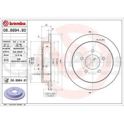Brembo 08 8994 81 Disc Brake Rotor for FORD