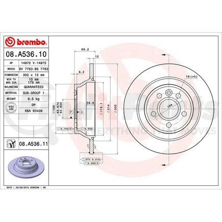 Brembo 08 A536 11 Disc Brake Rotor for VOLVO