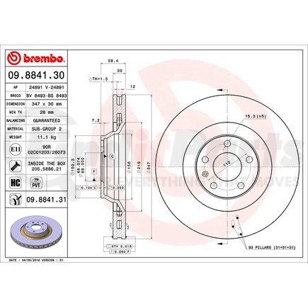 Brembo 09 8841 31 Disc Brake Rotor for VOLKSWAGEN WATER