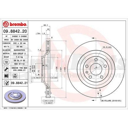 Brembo 09 8842 21 Disc Brake Rotor for VOLKSWAGEN WATER