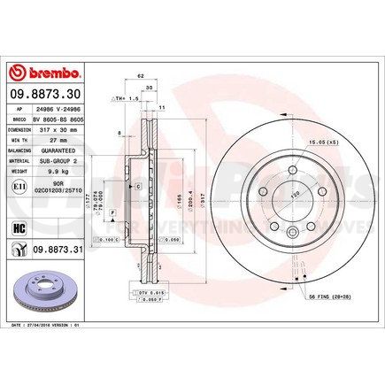 Brembo 09 8873 31 Disc Brake Rotor for LAND ROVER
