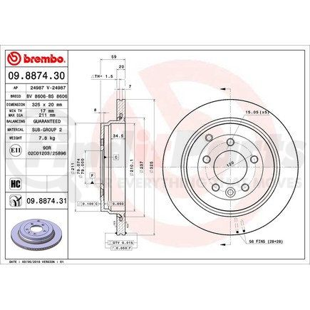 Brembo 09 8874 31 Disc Brake Rotor for LAND ROVER