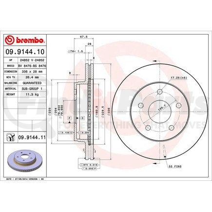 Brembo 09 9144 11 Disc Brake Rotor for CHRYSLER