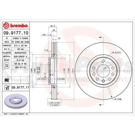 Brembo 09 9177 11 Disc Brake Rotor for SAAB