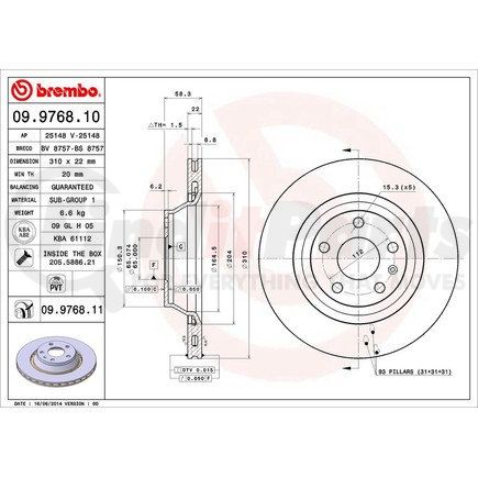 Brembo 09 9768 11 Disc Brake Rotor for VOLKSWAGEN WATER