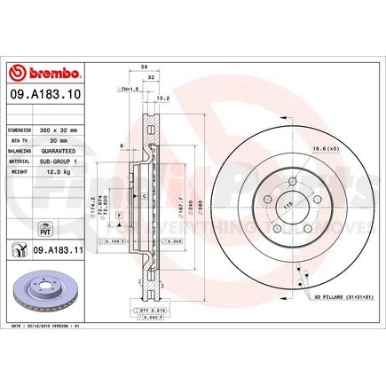 Brembo 09 A183 11 Disc Brake Rotor for CHRYSLER