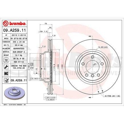 Brembo 09 A259 11 Disc Brake Rotor for BMW