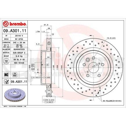 Brembo 09 A301 11 Disc Brake Rotor for LEXUS