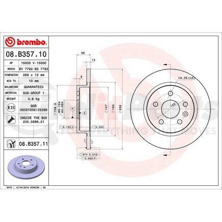 Brembo 08 B357 11 Disc Brake Rotor for CHEVROLET