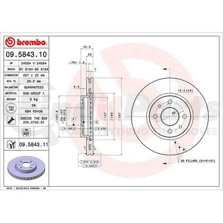 Brembo 09 5843 11 Disc Brake Rotor for FIAT