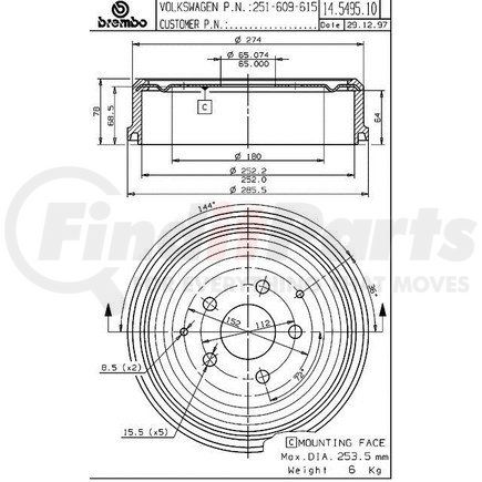 Brembo 14 5495 10 Brake Drum for VOLKSWAGEN WATER