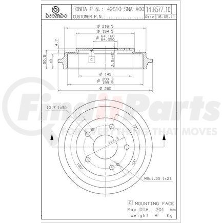 Brembo 14 B577 10 Brake Drum for HONDA