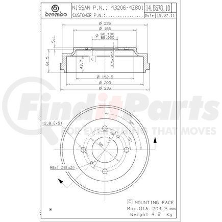 Brembo 14 B578 10 Brake Drum