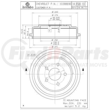 Brembo 14 B580 10 Brake Drum for CHEVROLET