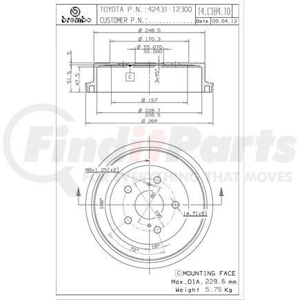 Brembo 14 C184 10 Brake Drum for TOYOTA