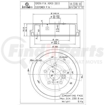 Brembo 14 C278 10 Brake Drum for TOYOTA