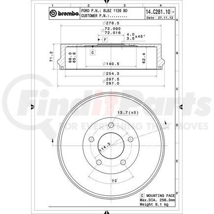Brembo 14 C281 10 Brake Drum for MERCURY