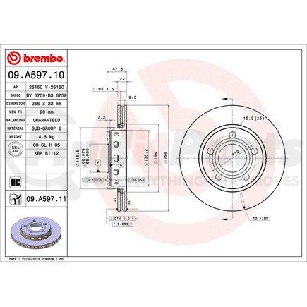 Brembo 09 A597 11 Disc Brake Rotor for VOLKSWAGEN WATER