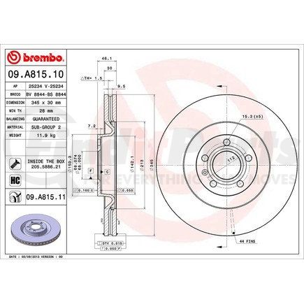 Brembo 09 A815 11 Disc Brake Rotor for VOLKSWAGEN WATER