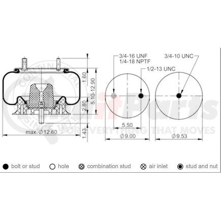 ContiTech AS9039 Air Spring for Multiple Trailer  - Rolling Lobe  - Base Height: 3.00”  -  Min Max Height: 4.80”– 12.20” 