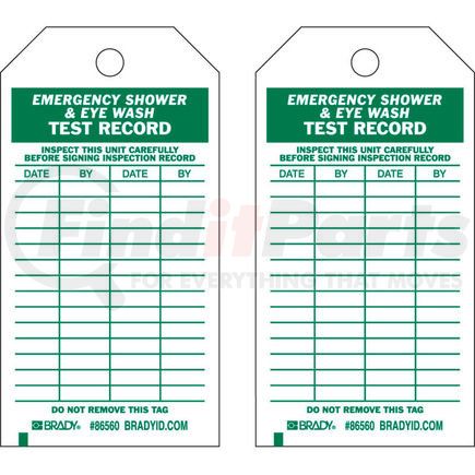 Brady 86560 Brady&#174; 86560 Emergency Shower & Eye Wash Test Record Tag, Polyester, 3"W x 5-3-3/4"H, 10/Pkg