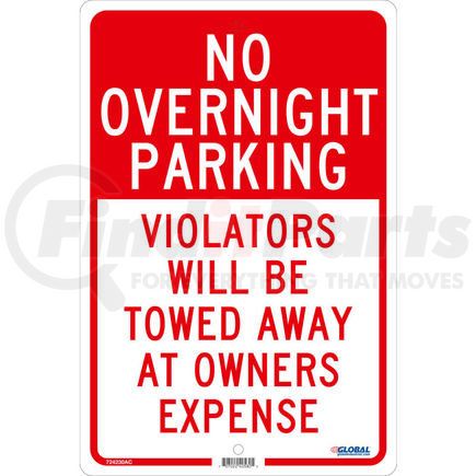 National Marker Company GLOTM57J Global Industrial&#8482; No Overnight Parking Violators Will Be Towed, 18x12, .080 Aluminum