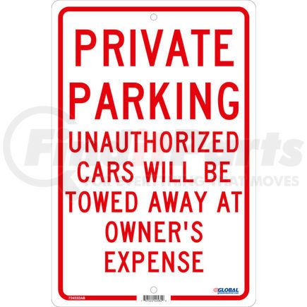 National Marker Company GLOTM58H Global Industrial&#8482; Private Parking Unauthorized Cars Will Be Towed..., 18x12, .063 Aluminum