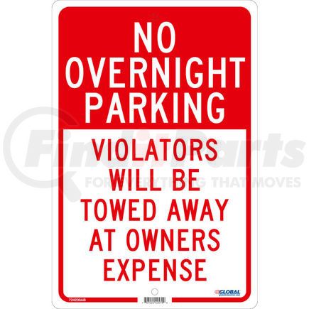 National Marker Company GLOTM57H Global Industrial&#8482; No Overnight Parking Violators Will Be Towed, 18x12, .063 Aluminum