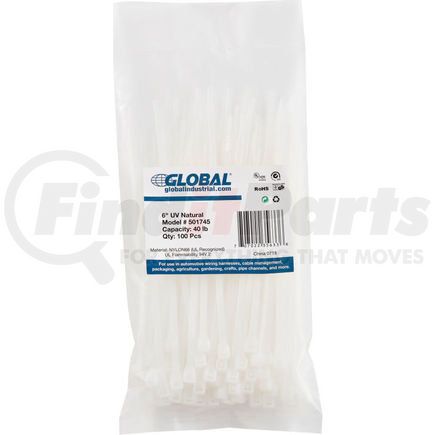 Global Industrial 3.5*150N-UV Global Industrial&#8482; 6" Cable Ties, Natural w/UV, 40 lb, 100 pack