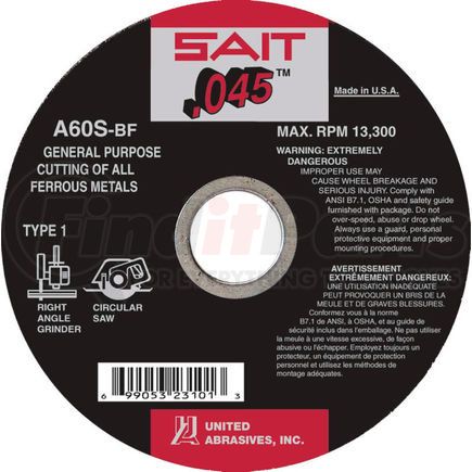 United Abrasives 23101 United Abrasives - Sait 23101 Depressed Center Wheel T1 4-1/2"x .045" x 7/8" 60 Grit Alum. Oxide