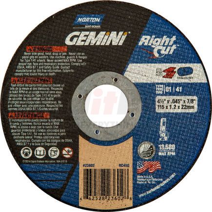 Saint-Gobain 66252823602 Norton 66252823602 Gemini Right Angle Cut-Off Wheel 4-1/2" x .045" x 7/8" 36 Grit Alum. Oxide Type 1