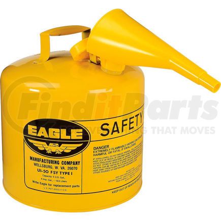 Justrite UI-50-FSY Eagle Type I Safety Can - 5 Gallon with Funnel - Yellow, UI-50-FSY