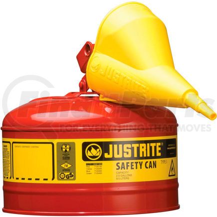 Justrite 7125110 Justrite® Safety Can Type I-2-1/2 Gallon Galvanized Steel with Funnel, Red, 7125110