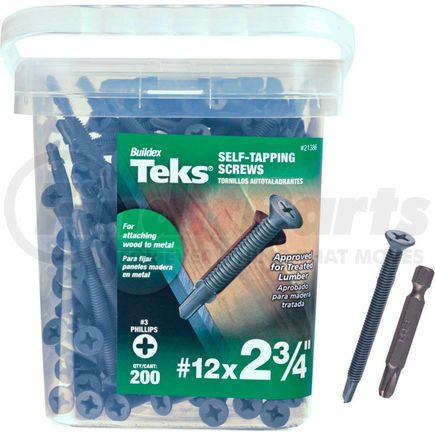 Itw Brands 21386 ITW Teks Self-Drilling Screw w/ Wings - #12 x 2-3/4" - Phillips Flat Head - Pkg of 200 - 21386